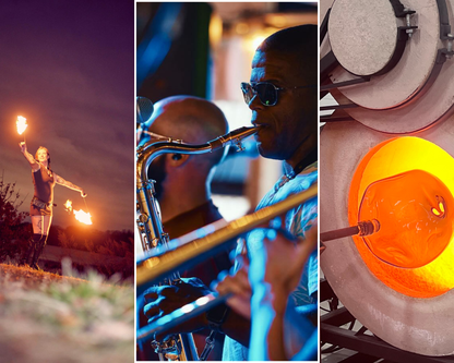 Three images: a person with a torch against a dark sky, a musician playing a saxophone, and a glassblower at work.