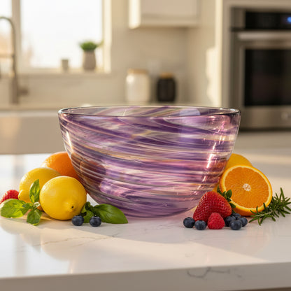 Hand-blown Fuschia Twist Blown Glass Bowl with purple and fuchsia swirling pattern, 6x3 inches, artistic serving bowl