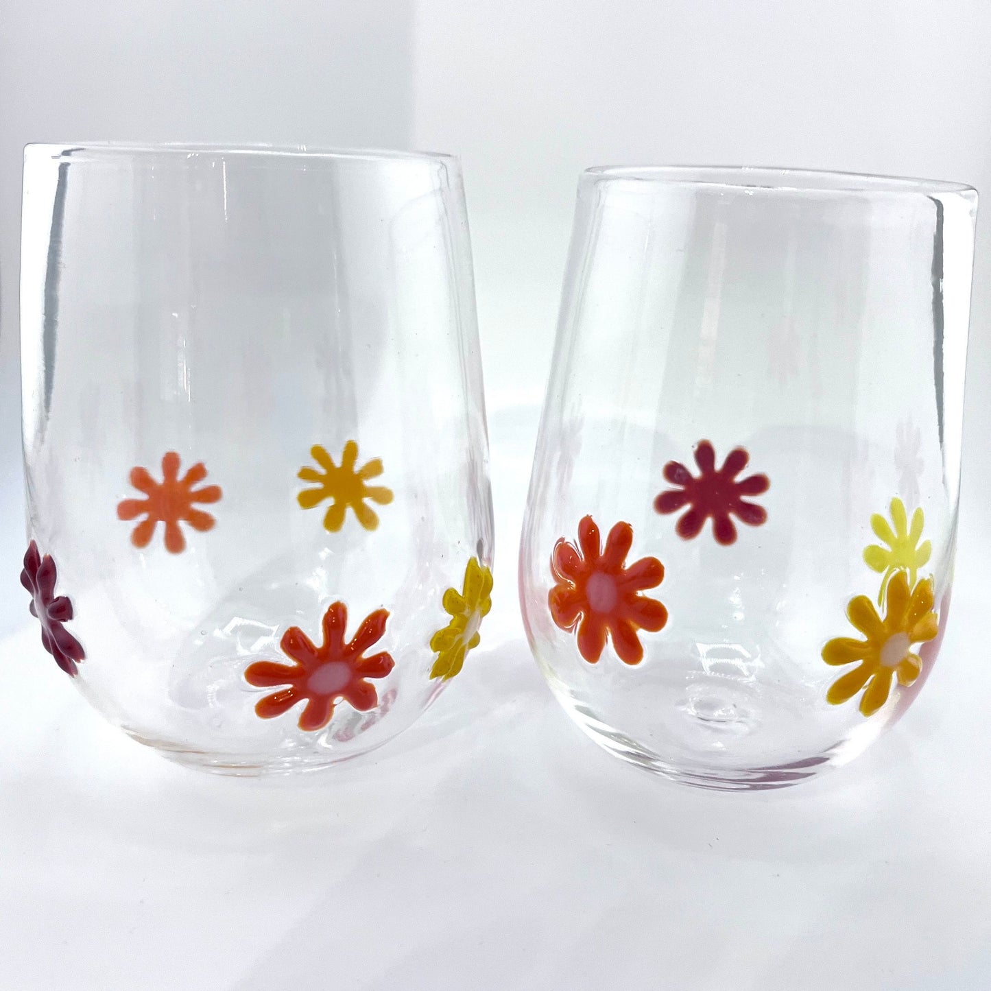 Flower Power Stemless Wine Glasses | Hand Blown Glass Made in Rhode Island.