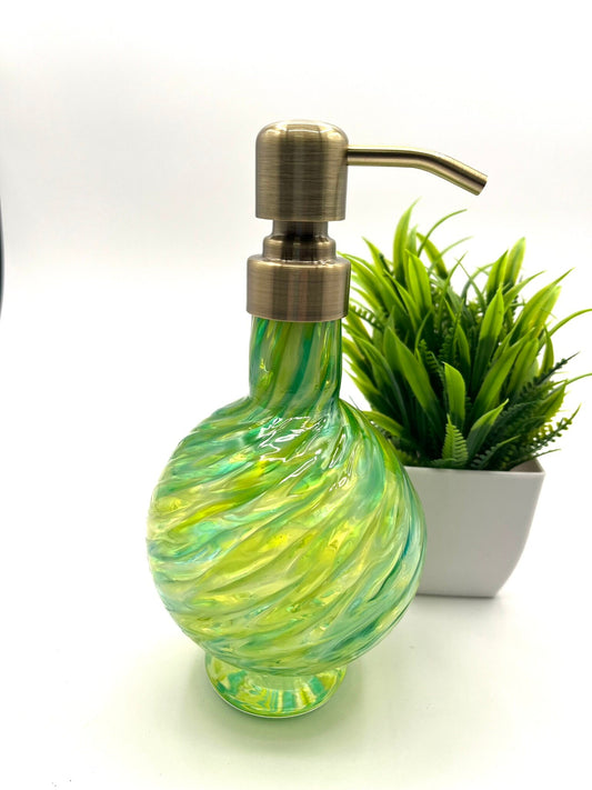 Vanity Set Spring Green Marbled Hand Blown Glass Soap Dispenser, glass and bowl