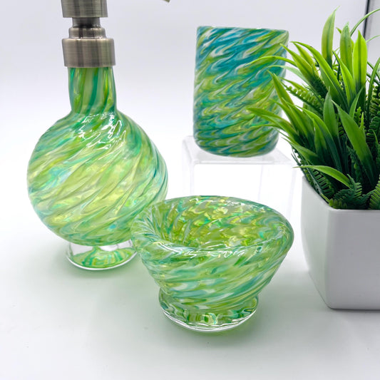 Vanity Set Spring Green Marbled Hand Blown Glass Soap Dispenser, glass and bowl