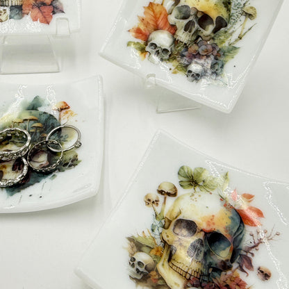 Three square white ceramic plates with rounded corners, each decorated with colorful skull and mushroom illustrations, displayed on clear stands against a white background.