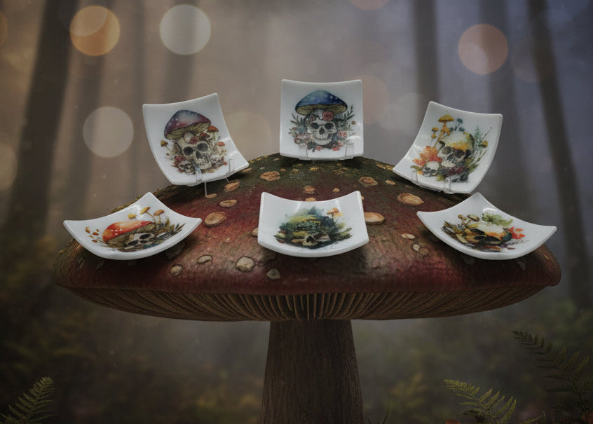 Six small square white glass plates with rounded corners, each decorated with a colorful skull and floral illustration, arranged on a light gray background.